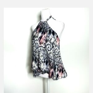 Amanda Uprichard Silk Top Halter Style Tie Neck Flyaway Styling Watercolor Print